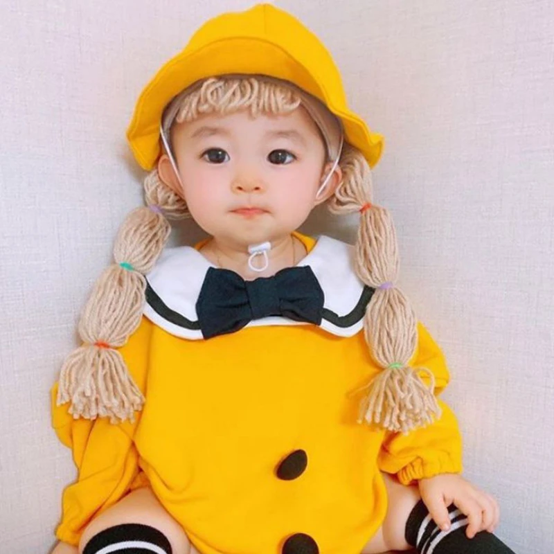 

Korean Style Baby Bucket Hats Braid Wig for Girls Sunhat Caps Pigtail Kids Cotton Beanie Princess Bonnet Yellow Children Hat