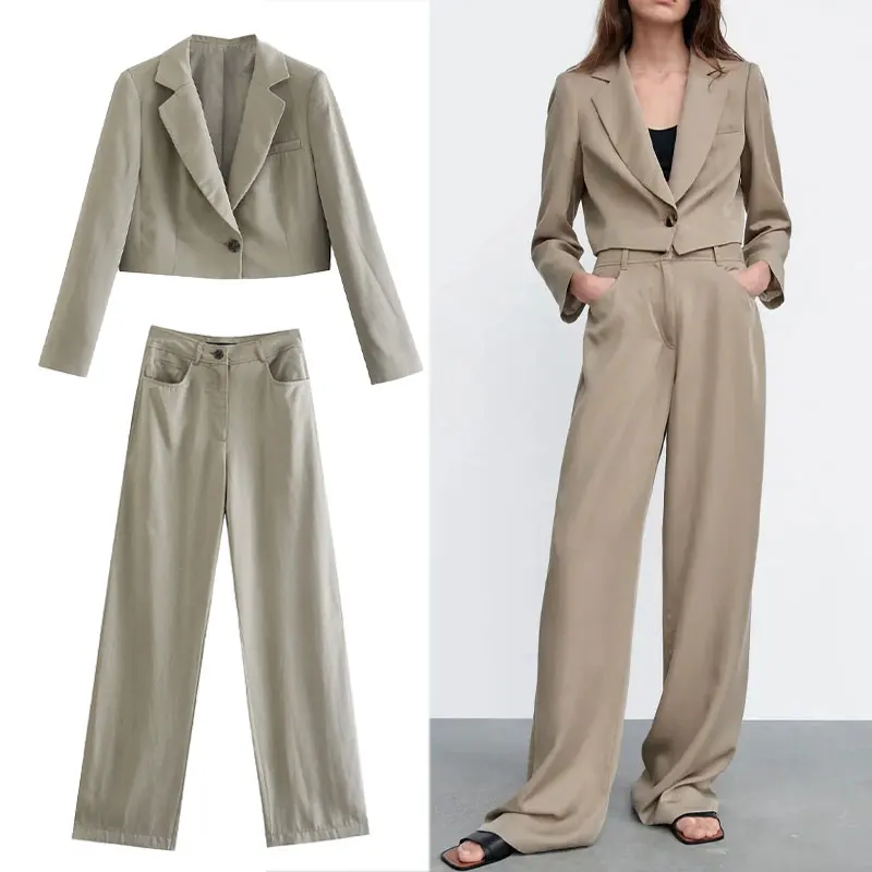

Za Blazer Women Suit 2021 Fashion Blazer Coat Office Short Single button Tops+Hight Wasit Pants Set Casual Commute 2-piece set