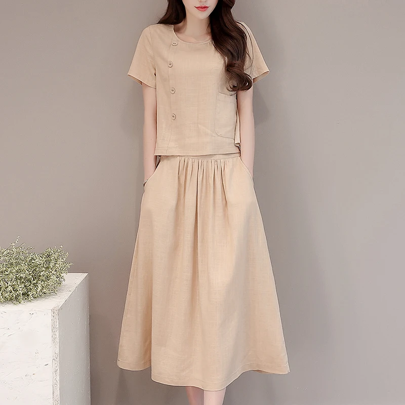 

Solid Color Women Retro Summer 2 Piece Set Button Short Sleeve Shirt Top and Skirt Set Female Casual Boho Skirt Suit Plus Size