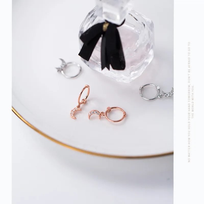 Hoop earrings korean for women 925 sterling silver clear CZ tiny Gold Moon Fine Jewelry wedding gifts | Украшения и аксессуары
