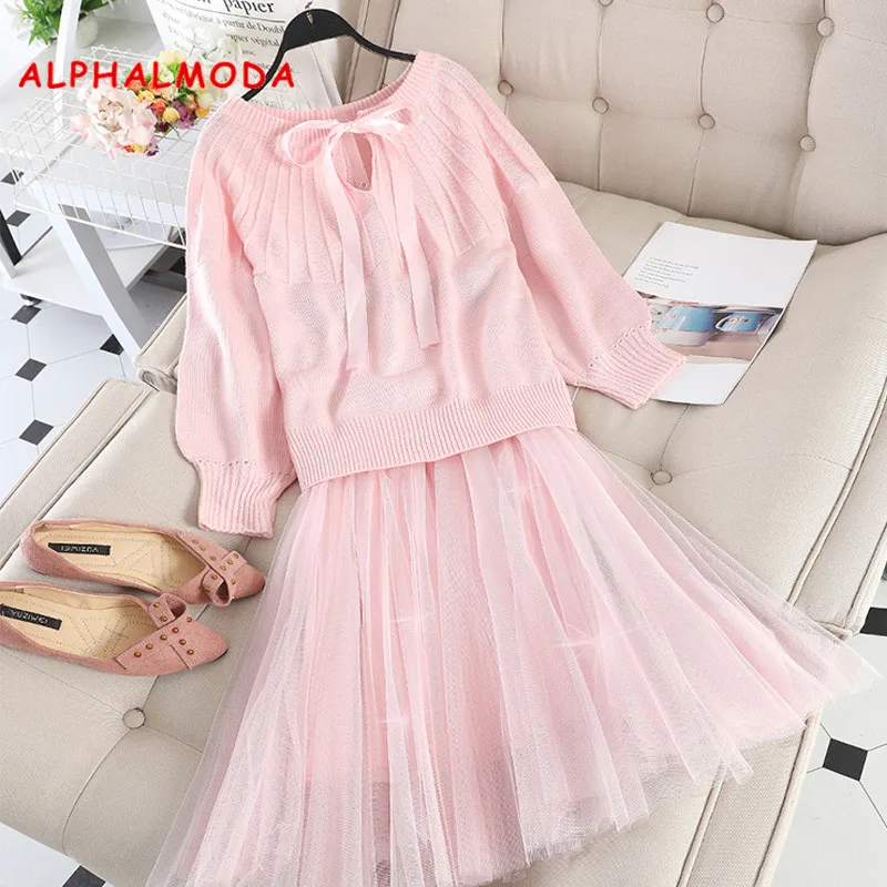 

ALPHALMODA милый женский комплект юбки и свитера вязаный Топ с бантом и воротником + газовая юбка сказочная женская одежда костюм из 2 предметов
