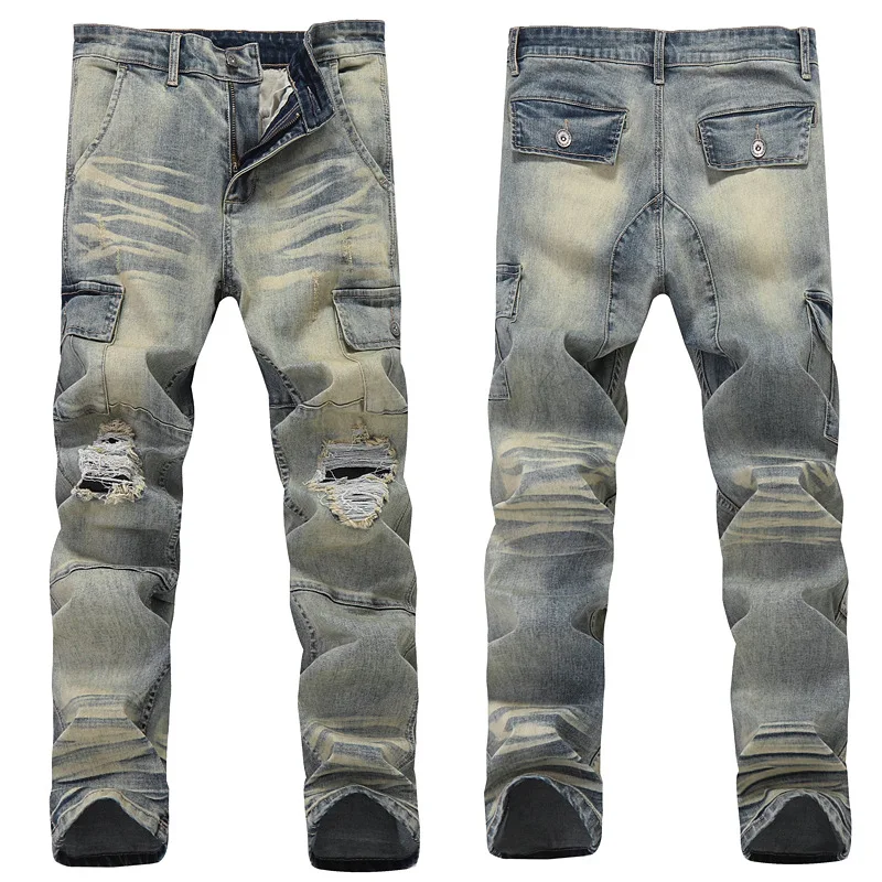 2021 European American Style Multi-Pocket Ripped Denim Trousers Men's Jeans Slim Straight Casual Designer Comfortable Biker Pant