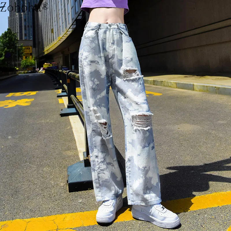

Модные женские джинсы Zohoha, расклешенные джинсы с высокой талией для женщин, винтажные женские длинные джинсовые брюки, Капри, пикантные рва...