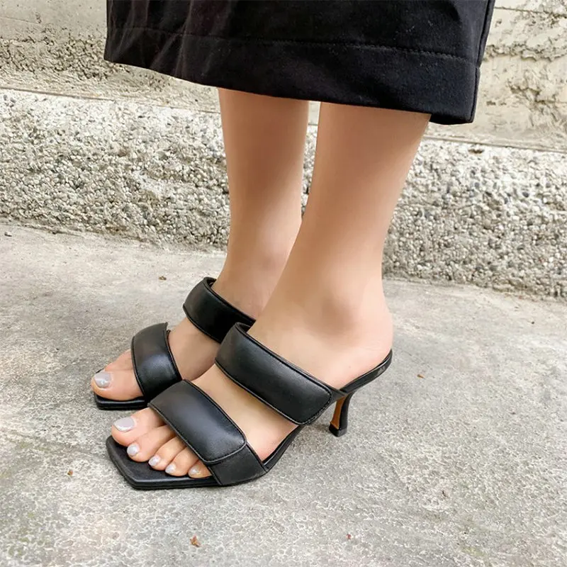 

Sianie Tianie Chic Luxury Brand Genuine Leather White Nude Color Thin High Heels Women Slides Slippers Chunky Strap Sandals Mule