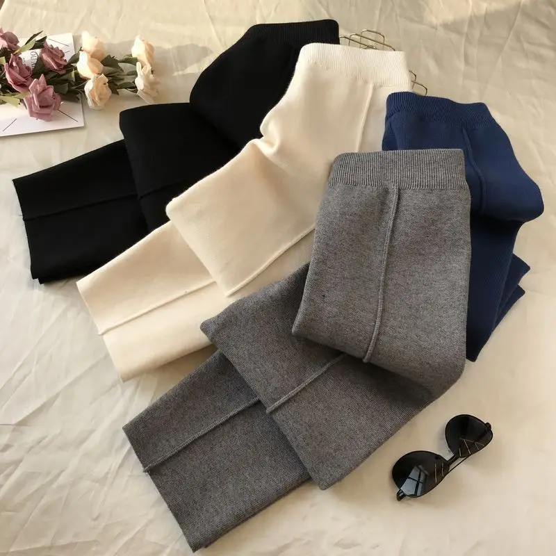 

056 Women’s Knitted Pants Fall Winter High Waist Fashion Solid Color Simple All-Match Straight Loose Female Cropped Trousers New