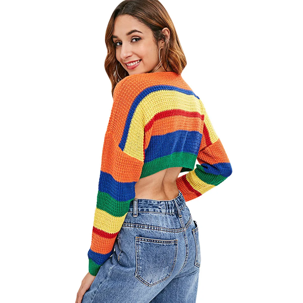 ZAFUL Multi Drop Shoulder Color Block Crop Sweater Round Collar Blocking Pullovers Short Jumper Loose Women'S Sweaters | Женская