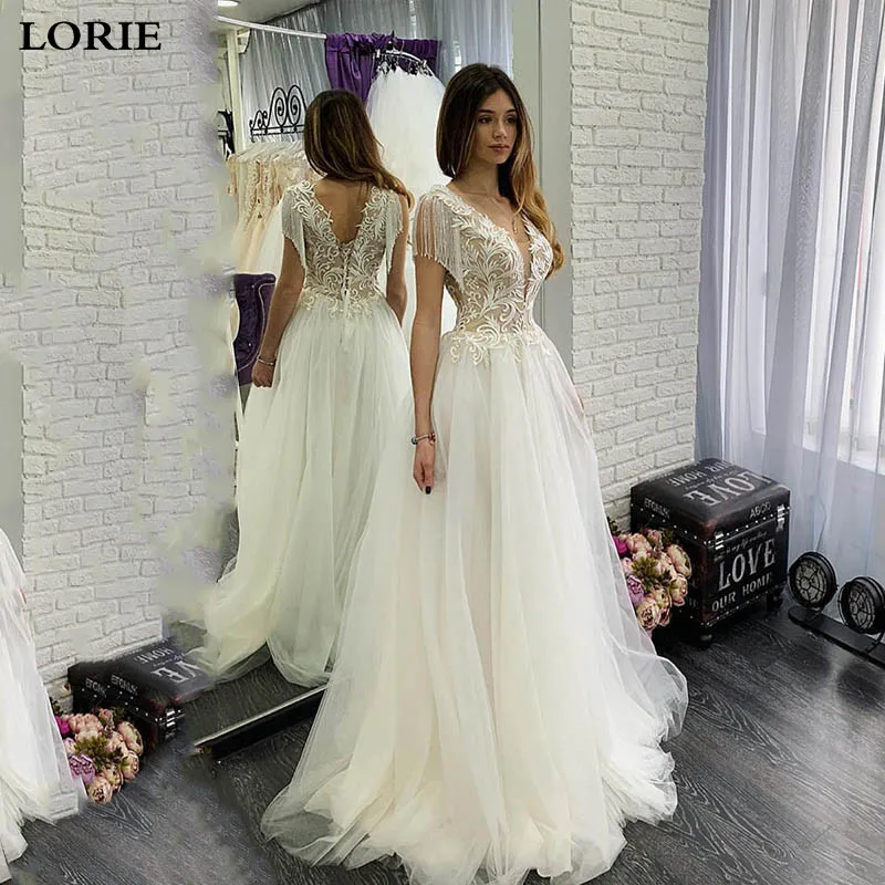 

LORIE Sexy Boho Wedding Dress A Line with Tassel V Neck Appliqued Lace Bride Dresses Corset Wedding Gown Vestidos de novia