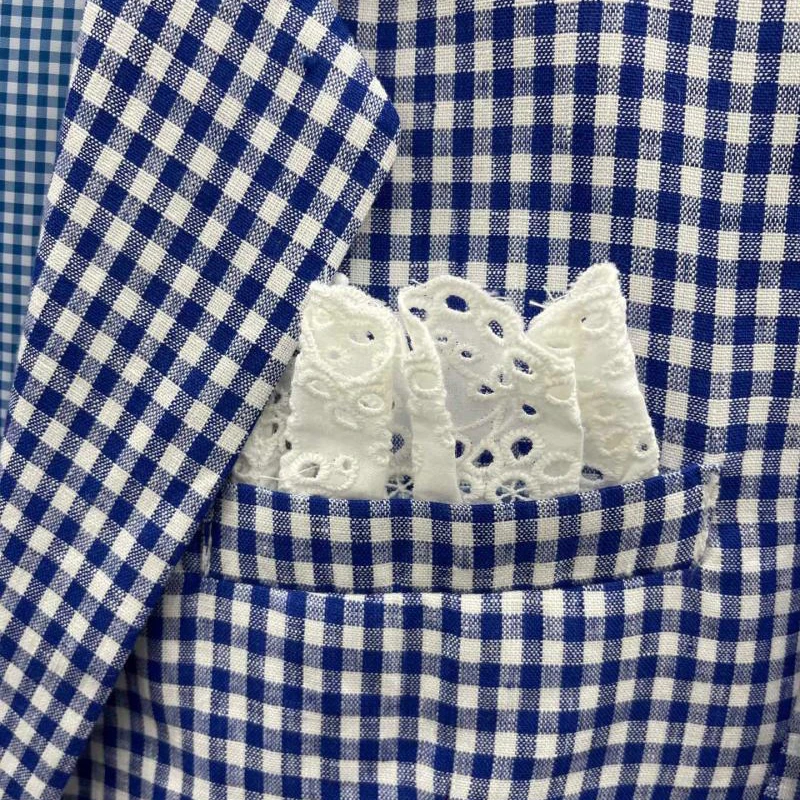 

VGH Korean Blue Plaid Short Blazer For Women Notched Long Sleeve Patchwork Lace Casual Blazers Female 2021 Spring Fashion Style