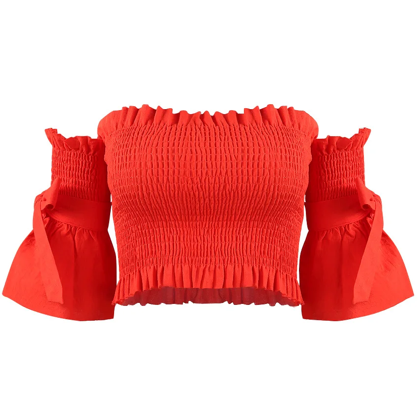 Сексуальный вязаный с открытыми плечами футболка Женские Короткие топы 2019 осень