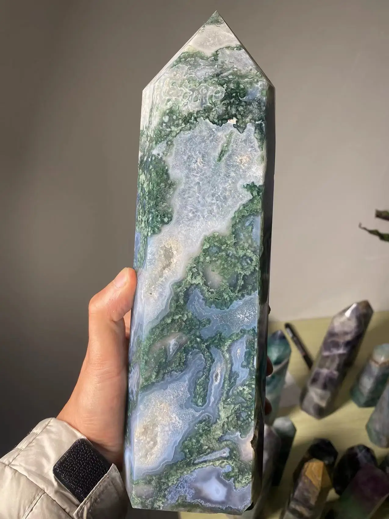 Torre de Cristal de ágata musgo grande, varita de cristal Natural, curación Reiki