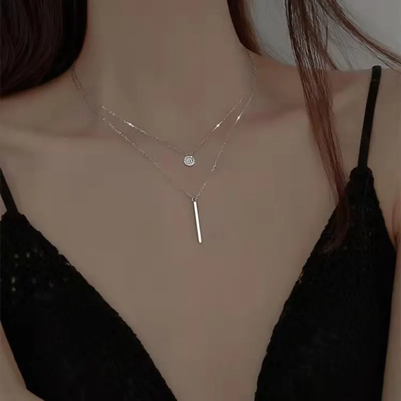 

Double Layer Necklace Female Necklace Clavicle Chain Square Flash Diamond Round Simple Temperament Necklace