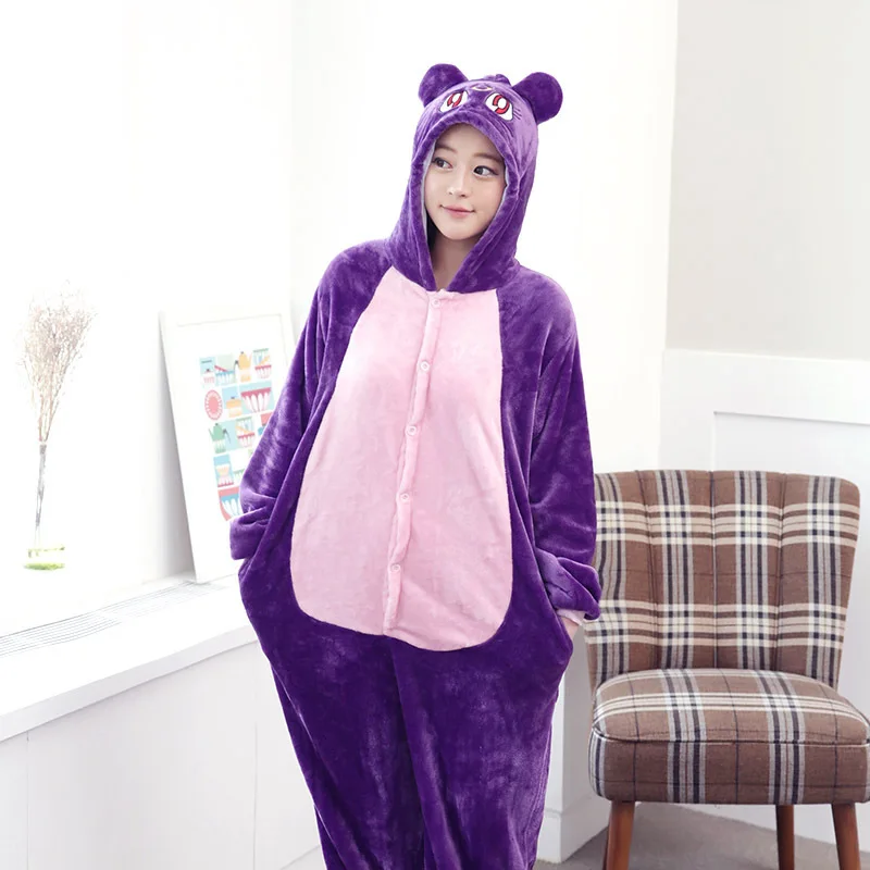 Unisex Adults Animal Pajamas Anime Onesie Purple Cat Flannel Cartoon Cute Warm Cosplay Sleepwear