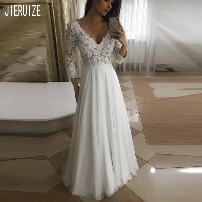 

JIERUIZE Boho Wedding Dress V-Neck Long Sleeves Button Back Lace Chiffon Bohemian Wedding Gowns Bride Dresses Vestidos de Novia