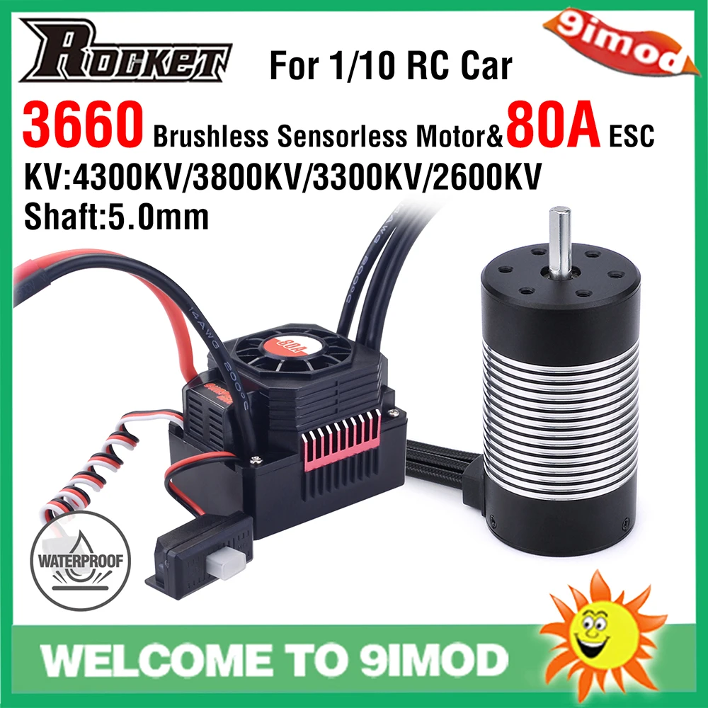 

Rocket 3660 Waterproof Brushless Sensorless Motor 4300KV 3800KV 3300KV 2600KV w/80A ESC for 1/10 Tamiya GTR Traxxas HSP Lexus