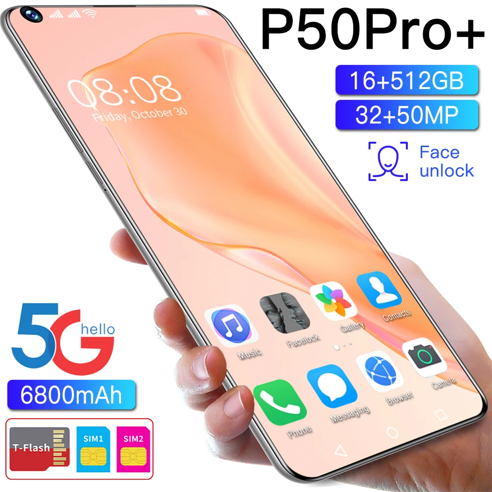 Смартфон P50 Pro + HUAWA 7 3 дюймов Andriod11 12 512 ГБ Встроенная память 6800 мА/ч Две сим-карты SD 32