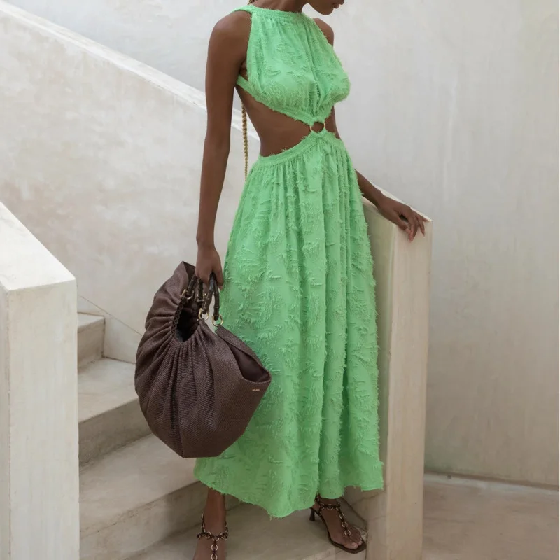 

Элегантное женское платье без рукавов с открытой спиной 2021, зеленое однотонное привлекательное праздничное облегающее платье-трапеция с в...