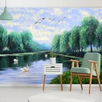 wall papers home decor custom any size photo mural natural birds blue sky lake river swan forest nordic oil painting wallpaper