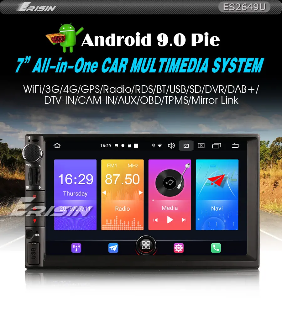 Erisin ES2649U " 2 Din Android 9,0 автомобильный стерео gps WiFi DAB+ DVR DVB-T2-IN BT OBDII СБ Navi