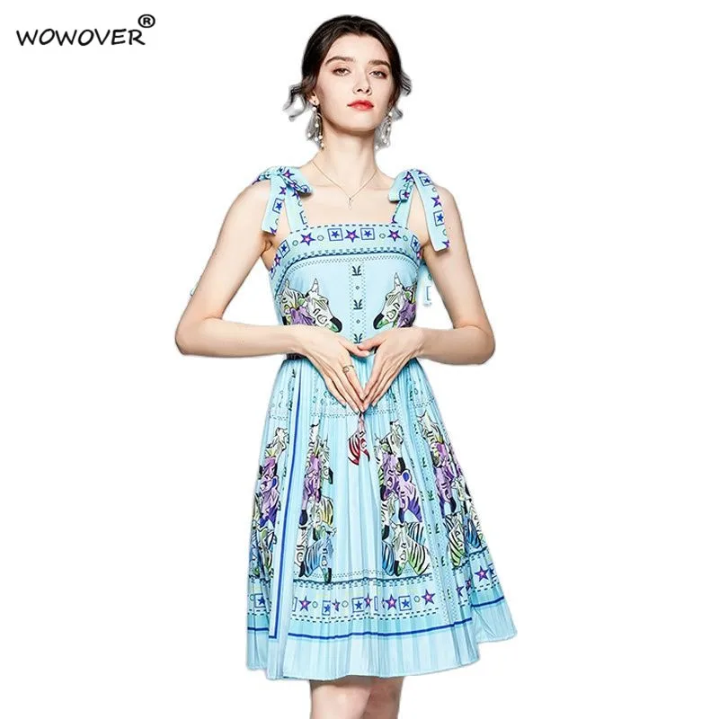 

Fashion Summer Sundress Runway Designer Women Sleeveless Bow Tie Spaghetti Strap Beach Holiday Dress Backless Sexy Pleated Robe