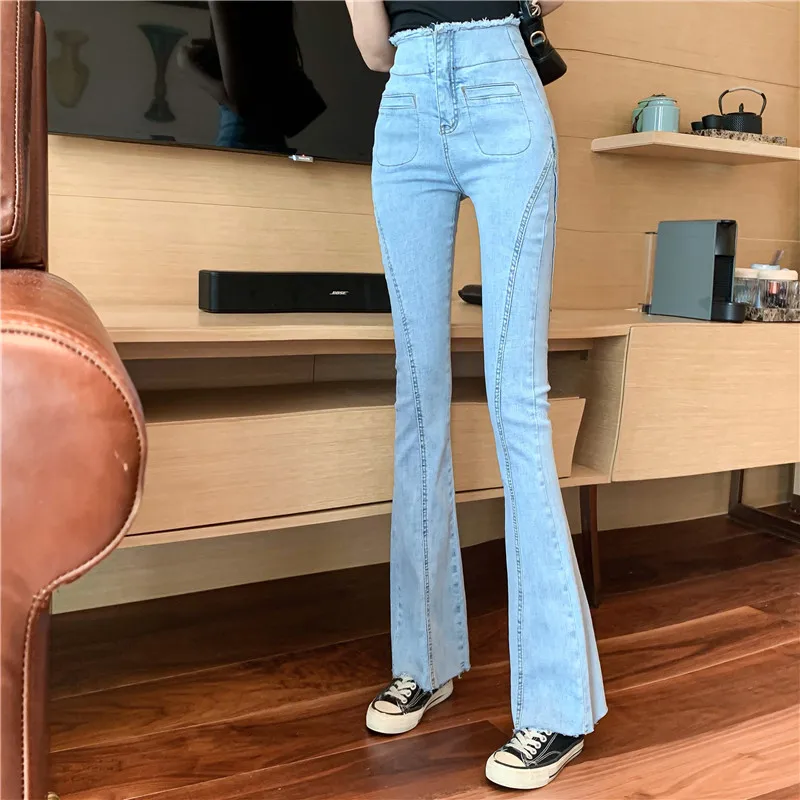 

Internet Celebrity Pants Women's Korean-Style Retro Hong Kong Style Long High Waist Slimming Loose Burrs Slightly Flared Jeans