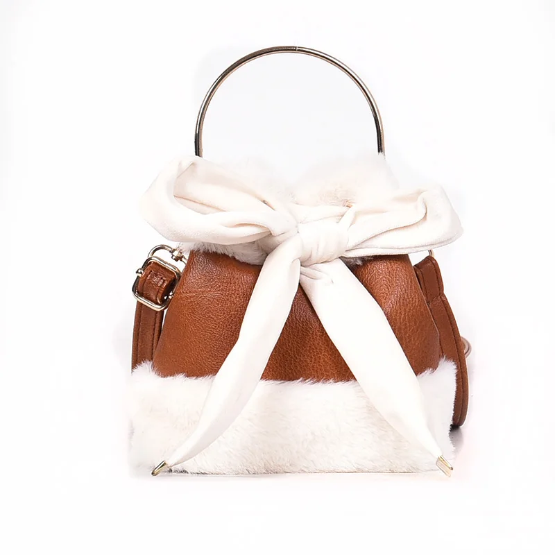 

fashion pu plush patchwork buckets bag designer bow women handbags luxury faux fur shoulder crossbody bag lady tote purse winter