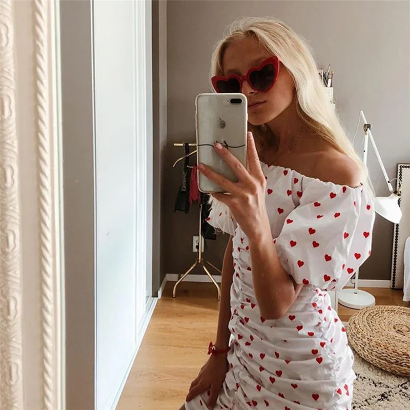 

2021 Summer New Love Print One-way Neck Five-point Sleeves Pleated Hip Dress Female Sweet Puff Sleeve Fashion Slim Mini Skirt