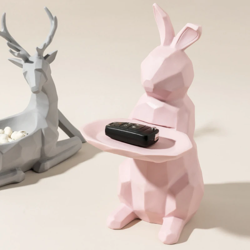 

Geometric Deer Dog Rabbit Receive Tray Statue Animal Sculpture Resin Entrance Entryway Key Storage Box Decor Ornaments R2529