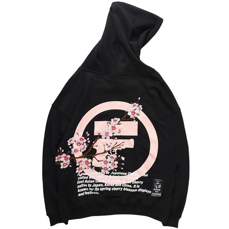 Мужская толстовка с капюшоном в стиле хип хоп вышивкой сакуры Японская уличная