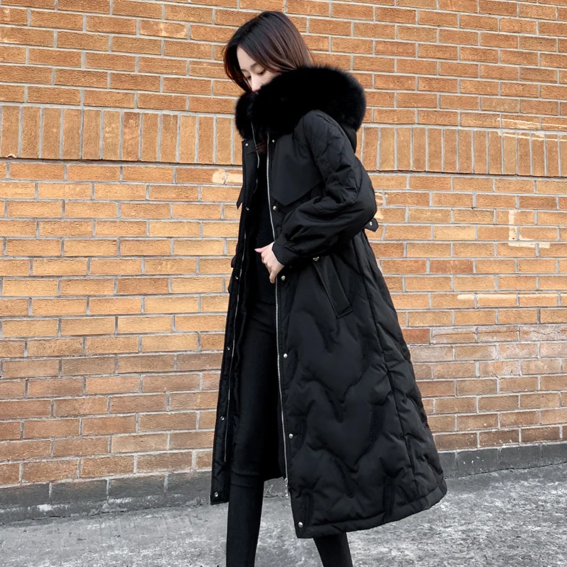 

Пуховая теплая парка с вышивкой, зимняя Модная брендовая Толстая теплая пуховая куртка, женский длинный пуховик с воротником из искусствен...