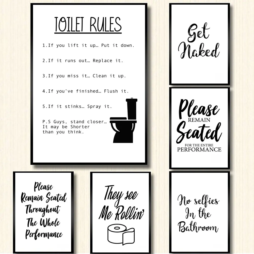 

Wall Art Canvas Painting Funny Bathroom Rules Sign Nordic Black White Poster Prints Toilet Humour Pictures Bathroom Home Decor