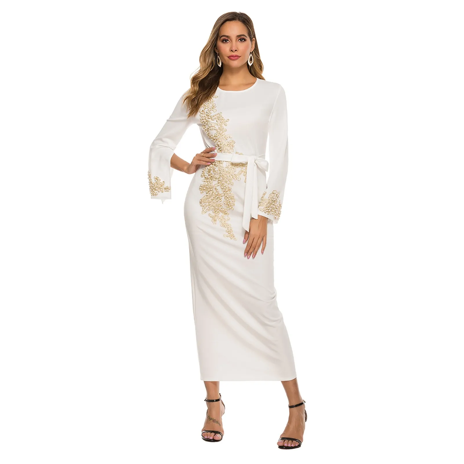 

Women Muslim Dress Women's Split Long Sleeve Soft Embroidered O-Neck Long Dress Abaya Ladies Elelgant Dresses Musulmane