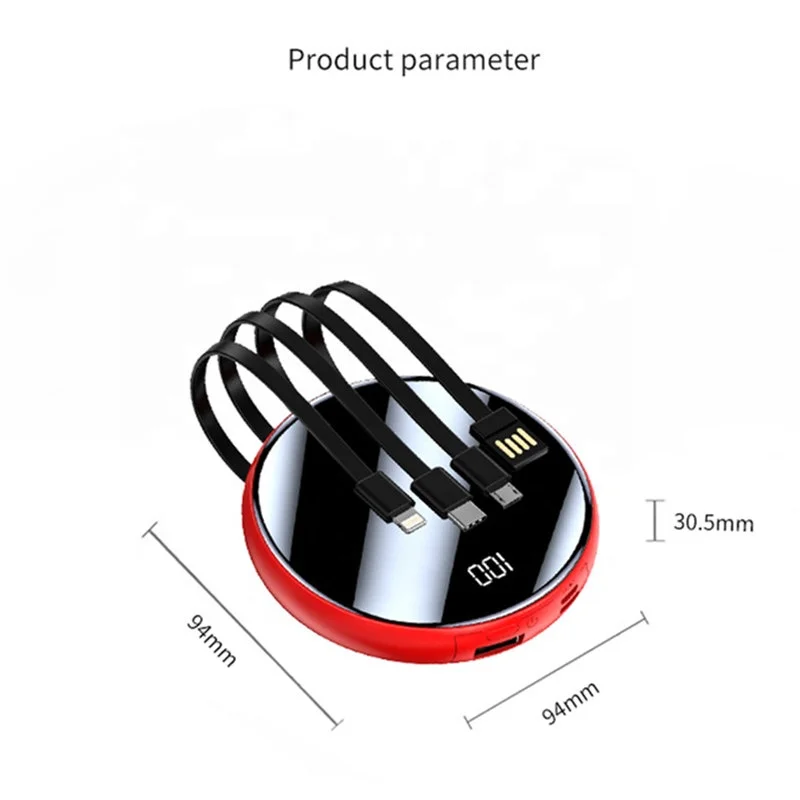 

Mini round power bank comes with a four-wire 20000mAh digital display portable external battery charger for Xiaomi iPhone 12 Pro