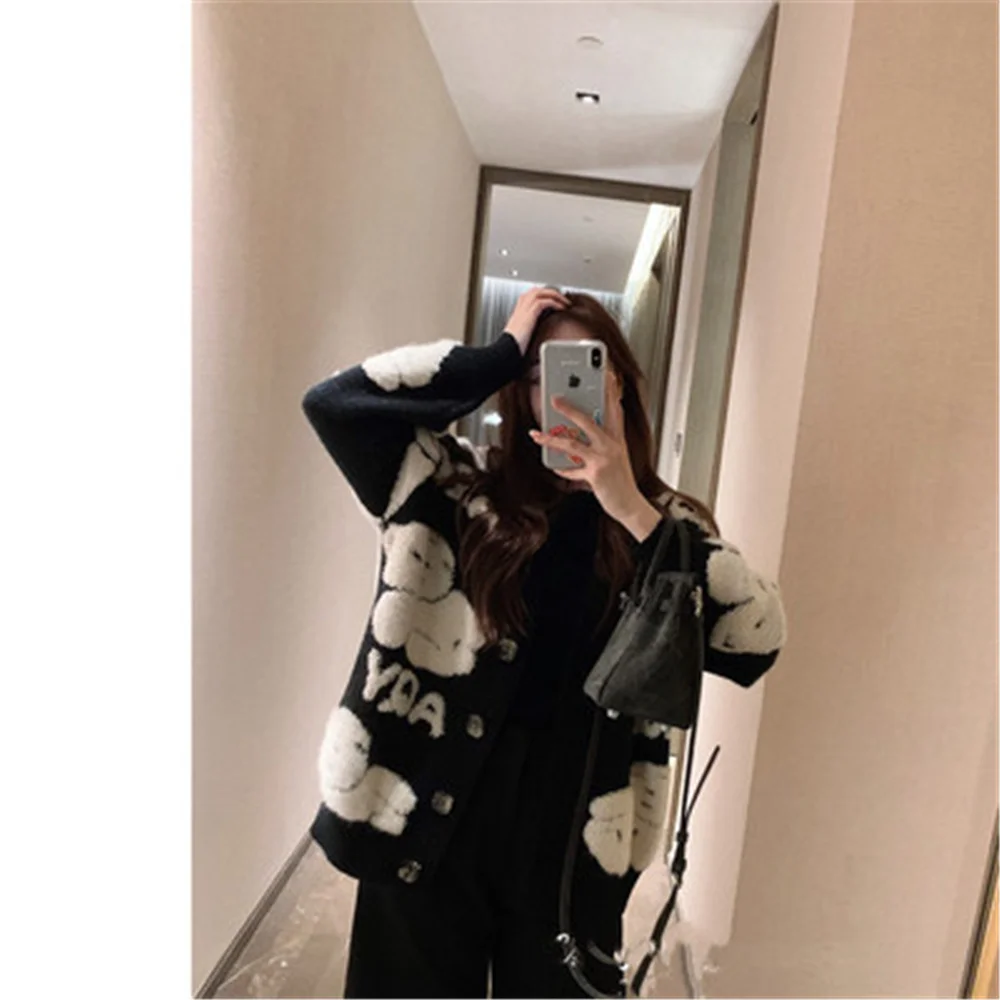 

Cardigan Sweater Women 2021 New Autumn Winter Print V Neck Fashion Clothing High Street Sweet Girl Loose Sweaters H101