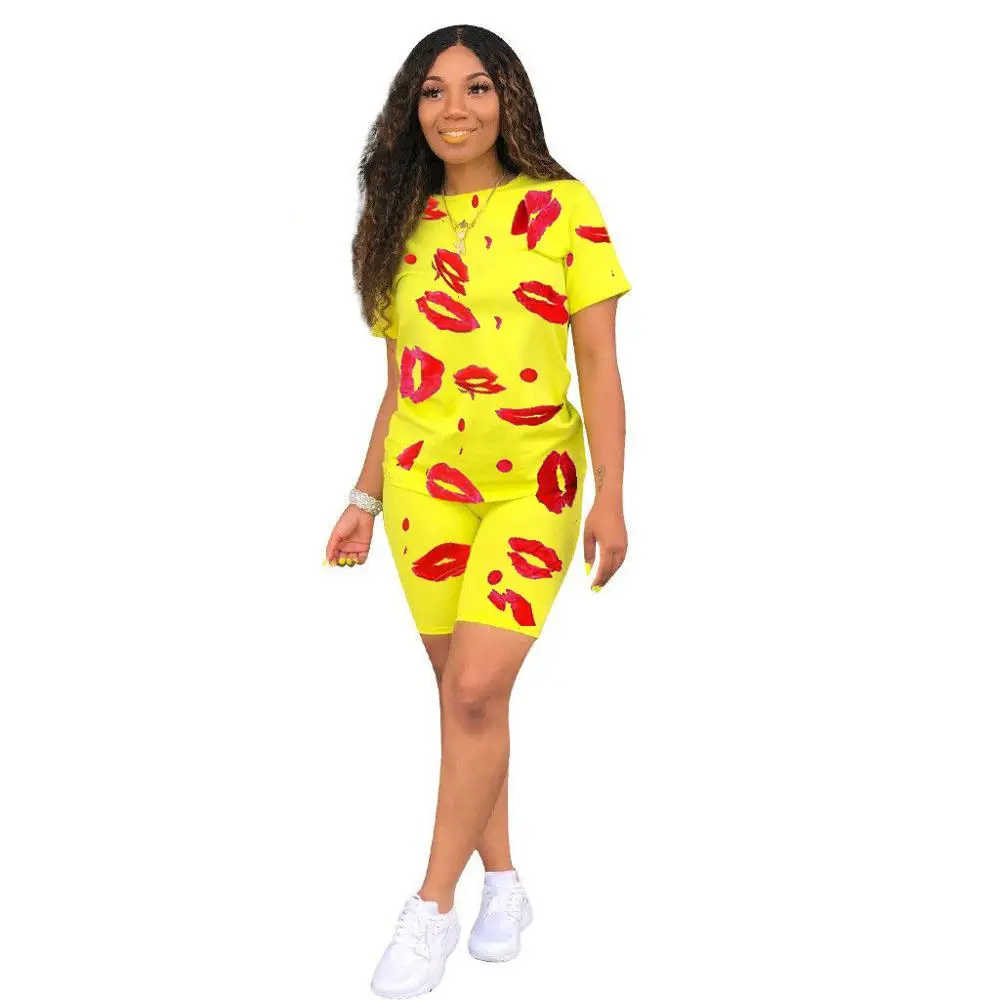 

Summer new ladies two suit casual printed short sleeve T-shirt and shorts sport suit fashion loose fitness club suit
