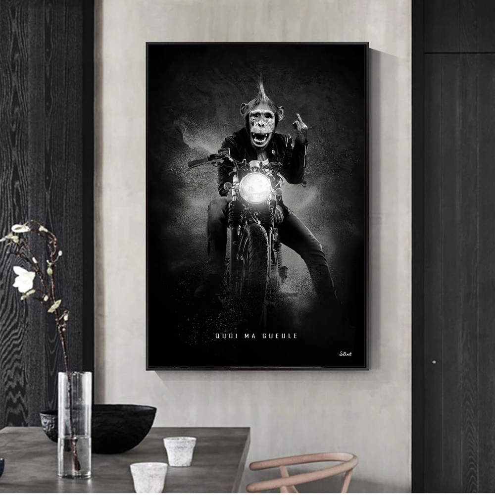 Черно-белая Картина на холсте мотогонщик обезьяна настенные художественные