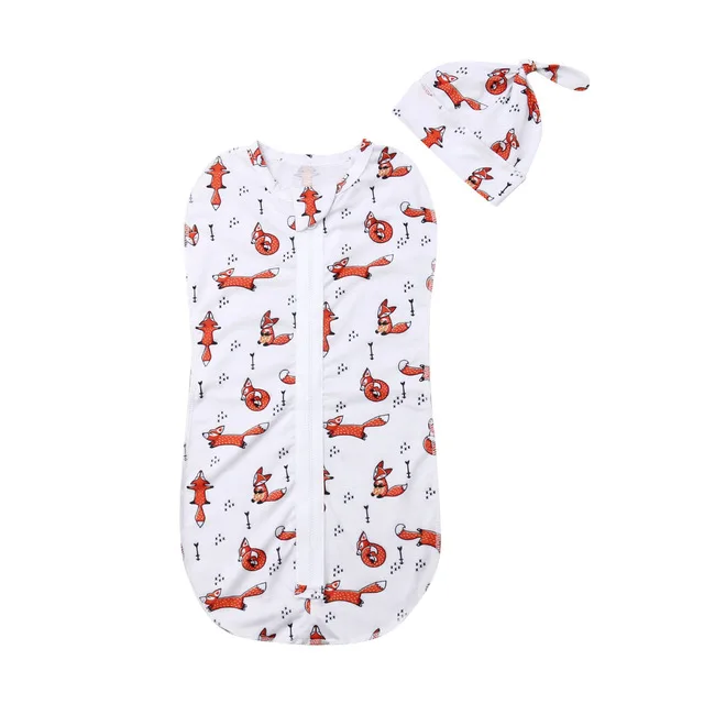 Детская одежда для сна от 0 до 6 месяцев, спальные мешки на молнии для маленьких мальчиков и девочек+ шапки, 2 предмета, Хлопковое одеяло с рисунком - Цвет: A