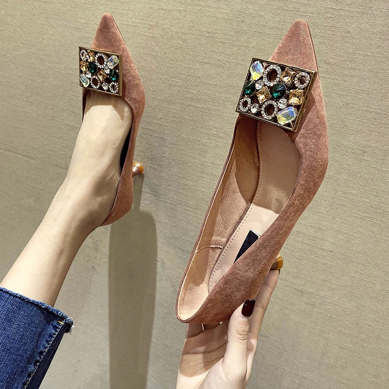 

Shallow Mouth Women Shoes 2021 Spring Pumps High Heels Pointed Toe All-Match Latest Lace-Up Sandals Ladies Slip On Spikes Beige