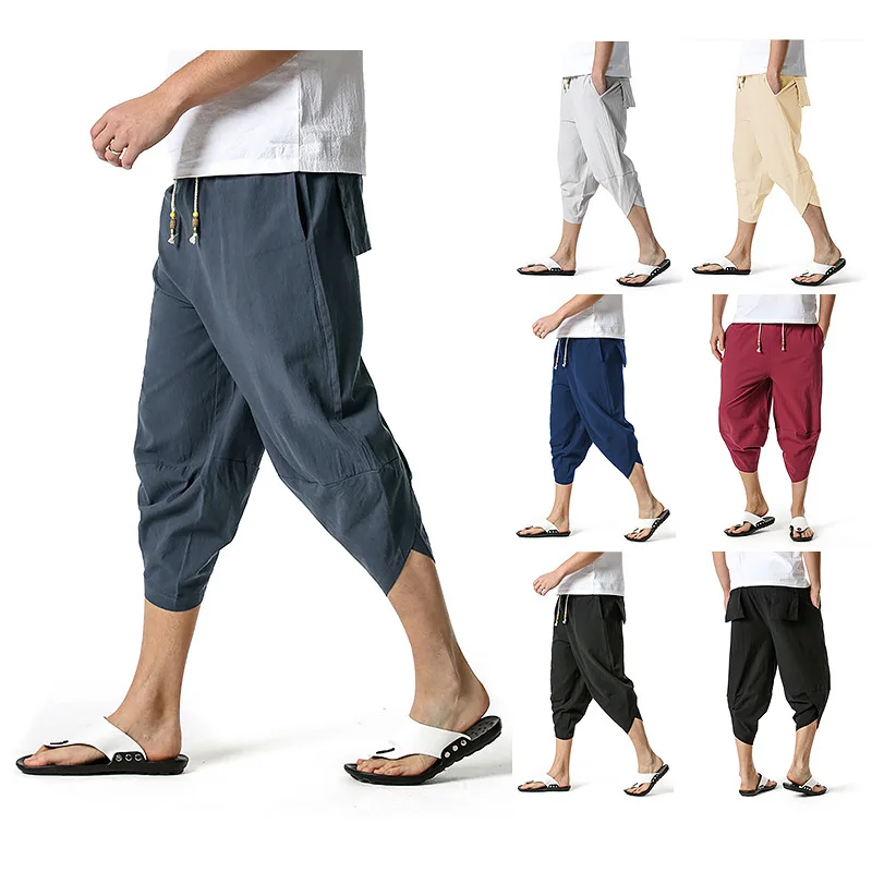 

Harem Cropped Pants Men Japanese Casual Cotton Linen Trouser Man Jogger Pants Chinese Baggy Pants
