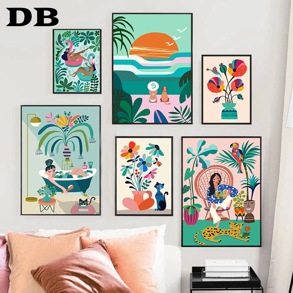 

Abstract Tropical Plants Cat Girl Wall Art Canvas Painting Nordic Posters And Prints Wall Pictures For Living Room Vintage Decor