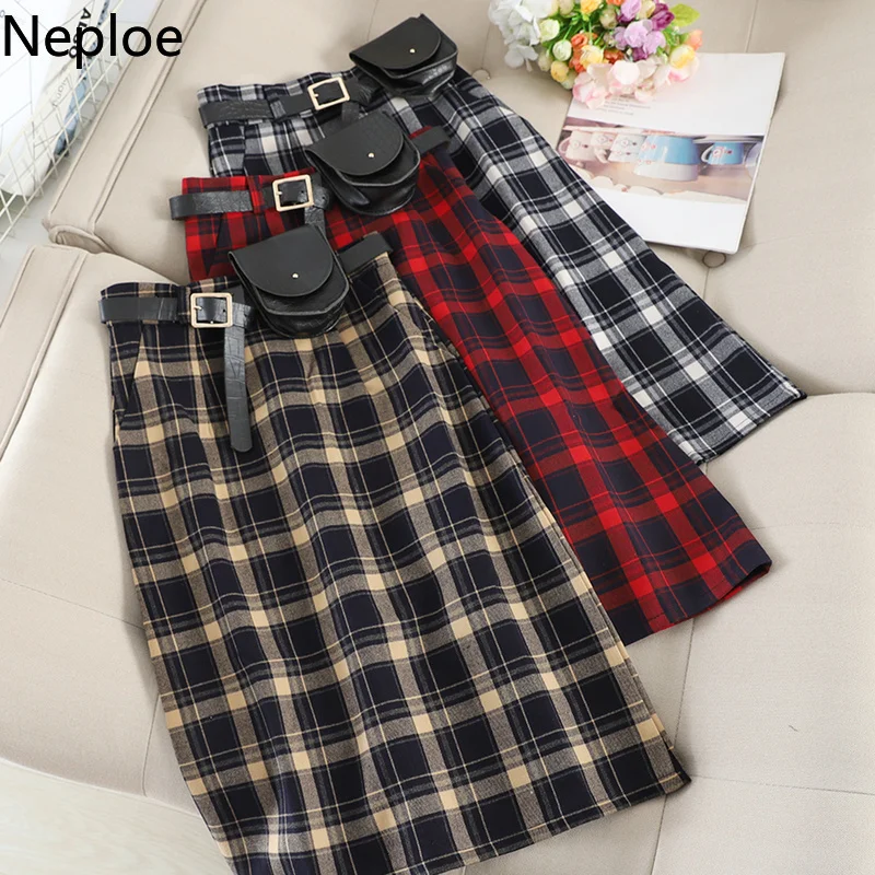 Neploe клетчатые юбки для женщин Осенние повседневные на молнии с ремнем сумка