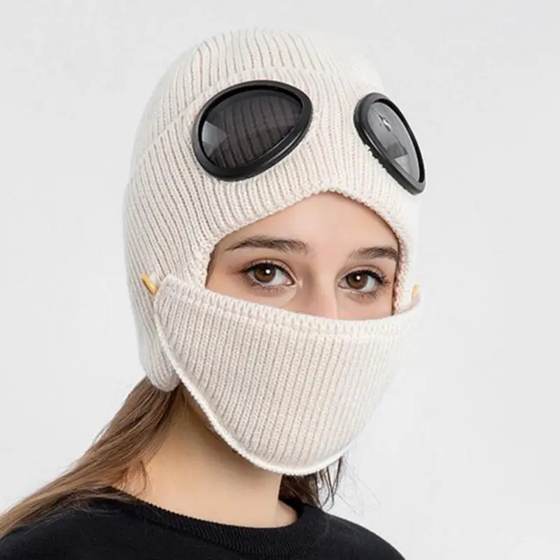 

New Fashion Ski Hats Warm Aviator Glasses Ear Cap No Frostbite Plus Velvet Warm Woolen Cap Men Women Korean Knitted Hat