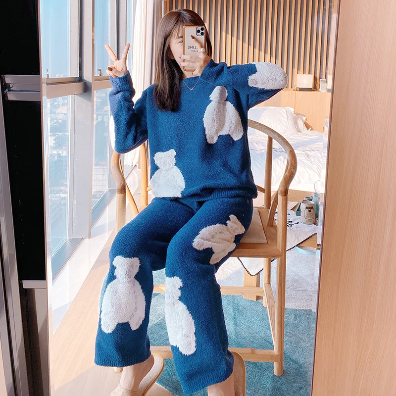 

Blue Cute Bear Embroidered Pajama For Women Warm Winter Sleepwear Set Comfortable Nightgown Soft Night Wear Women's Home Clothes