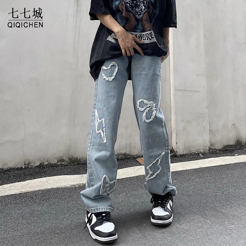 

High Street Jeans Pants Men Women Heart-shaped Embroidery Vibe Fringe Straight Oversize Straight Casual Baggy Denim Trousers