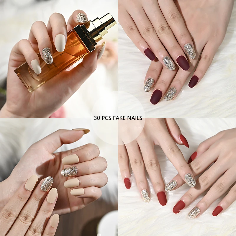 

Nail Art Frosted Silver Glitter Powder Fake Nails Hand Short Teardrop-shaped Acrylic Press On Nail Tips Tools For Manicure XQR12