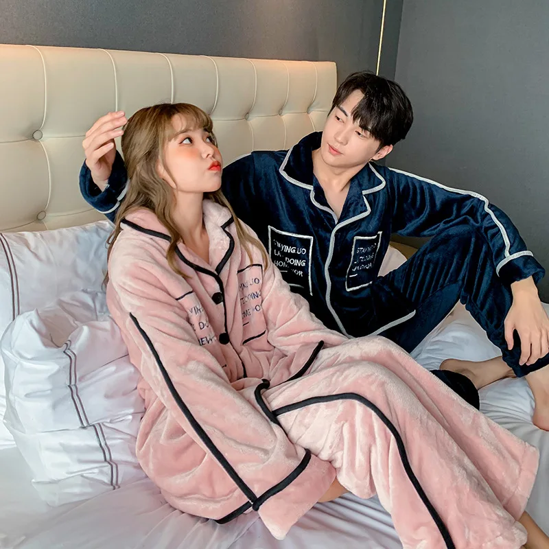 New Flannel Couple Pajamas for Women and Men Thickened Plus Velvet Coral Fleece Homewear Clothes Sleepwear Pajamas Set пижама