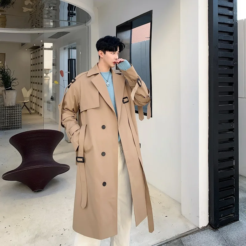 

Trenchcoat Men Japan Korean Style Streetwear Vintage Fashion Casual Khaki Trench Coat Outerwear Male Loose Long Jacket Overcoat