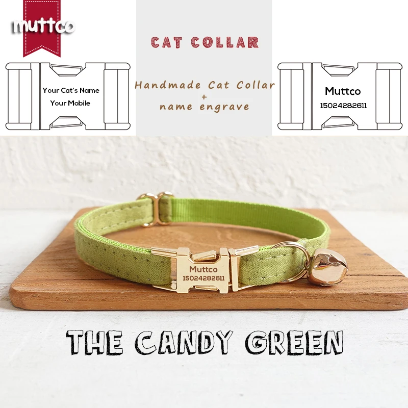 

Розничная продажа, выгравированный воротник MUTTCO с металлической пряжкой ручной работы для кошки, зеленый дизайнерский воротник для кошки, 2 размера UCC030J