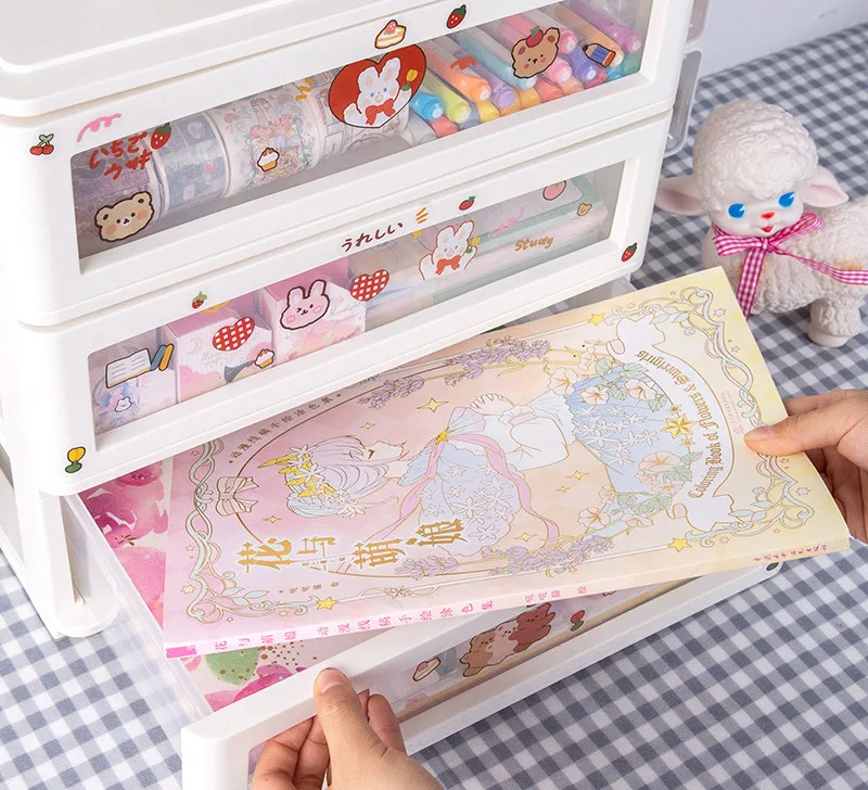 

MINKYS New Kawaii ABS Drawer Desktop Organizer Desk Storage Box With DIY Free Sticker School Stationery Accessories