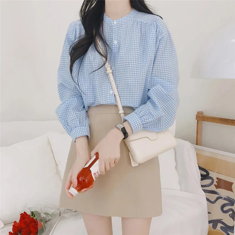 Рубашка в синюю клетку с круглым вырезом летняя Женская Повседневная белая