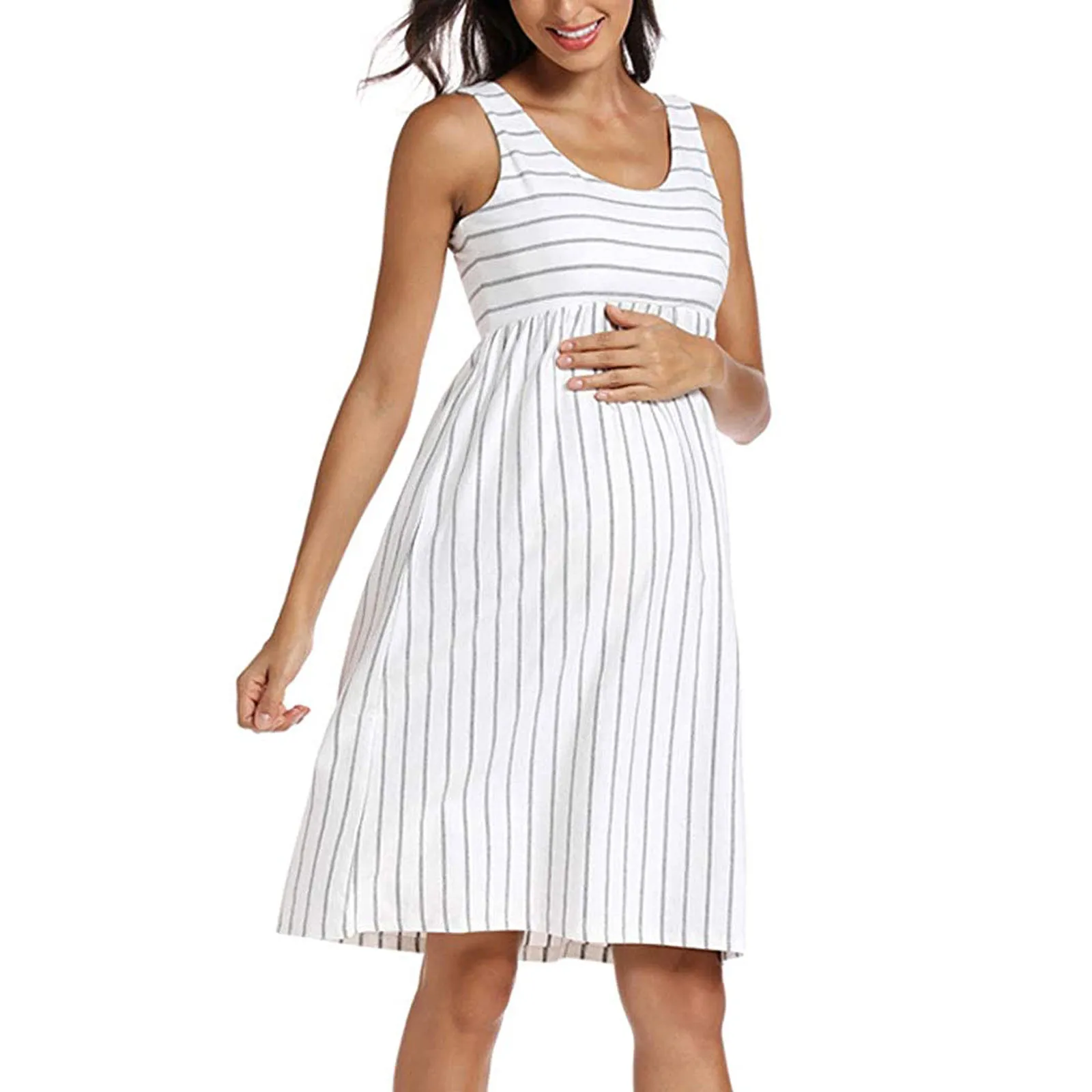 

2021 Maternity Dresses Fashion Loose O-Neck Stripe Sleeveless Pregnant Women Nursing Dress Pregnancy Clothing Maternity Clothes